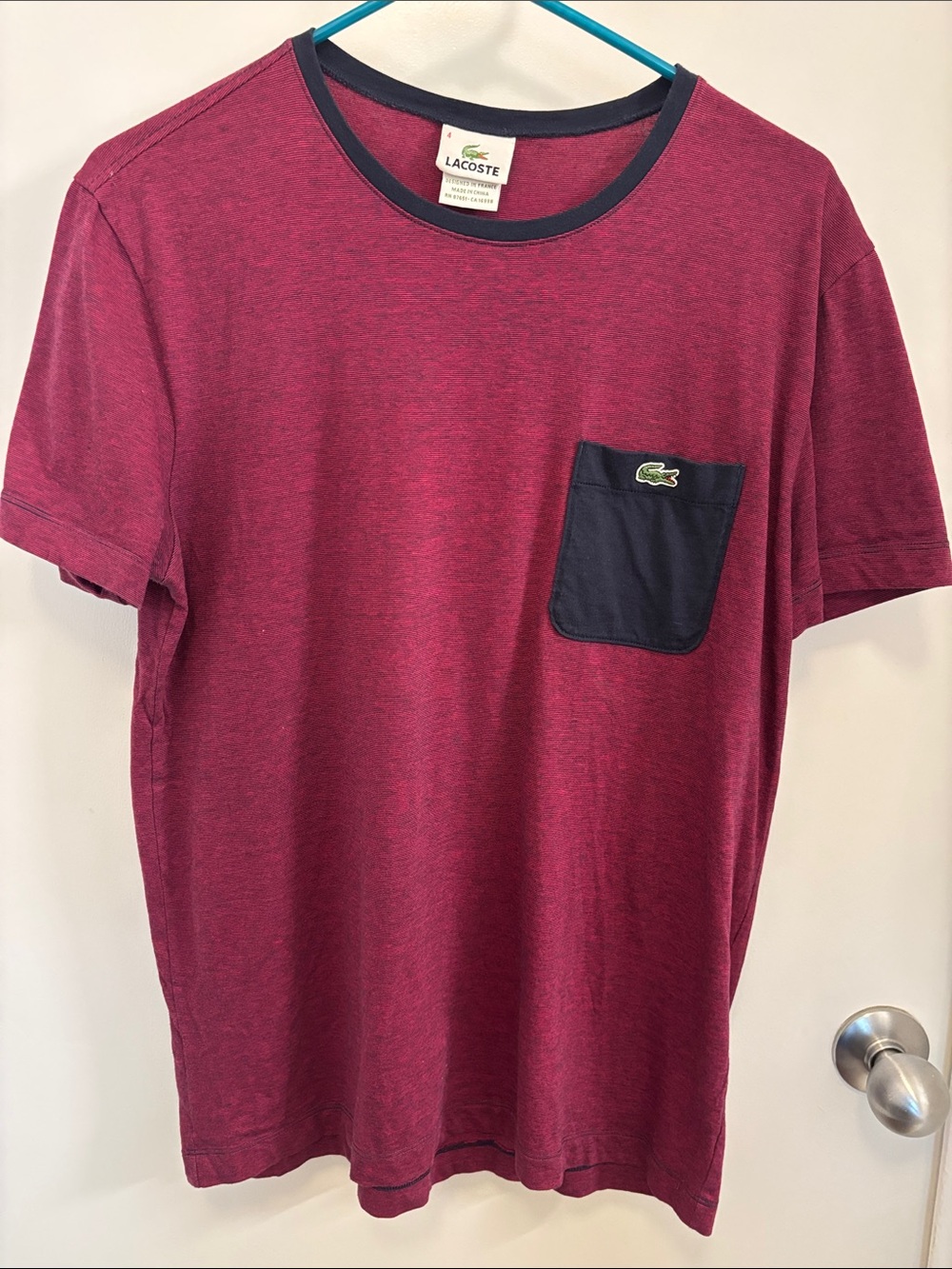 Lacoste Men's Heathered Burgundy Short Sleeve Tee with Navy Pocket